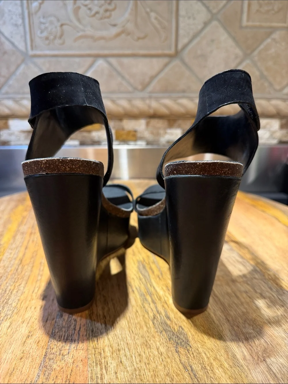 Black Wedge Sandals with Ankle Strap - Women